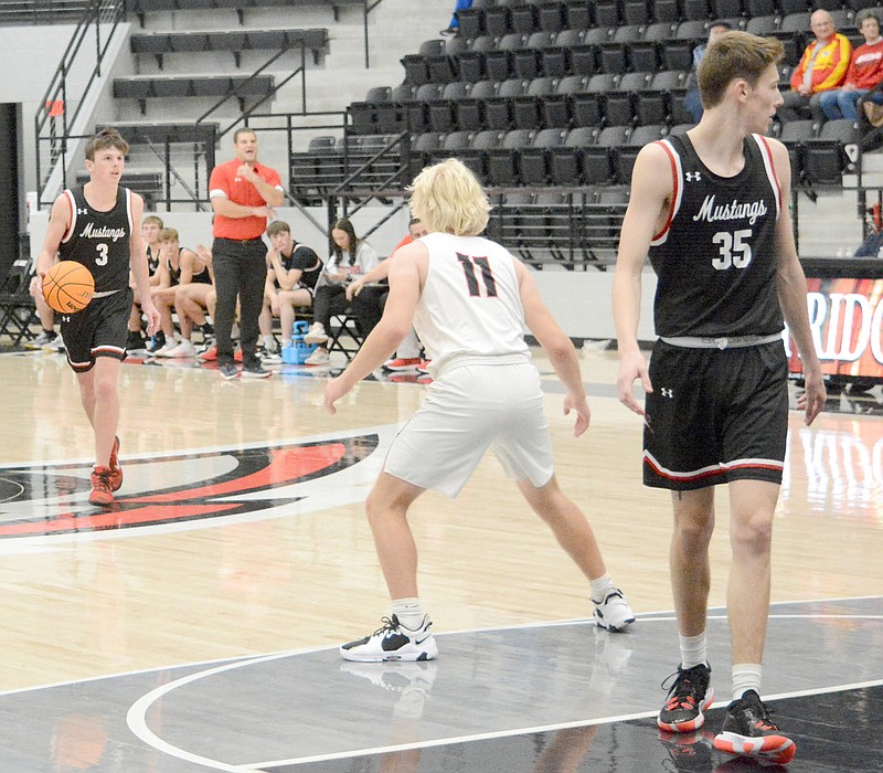 Al Gaspeny/Special to McDonald County Press
McDonald County's Pierce Harmon (3) brings the basketball up the floor as Eli McClain looks for room to work against Pea Ridge at Blackhawk Arena on Saturday in Pea Ridge, Ark.