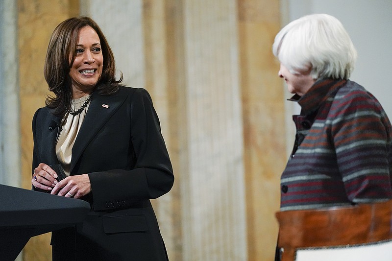 Vice President Kamala Harris participates in the Freedman Bank Forum with Treasury Secretary Janet Yellen in Washington, Tuesday, Dec. 14, 2021. (AP Photo/Carolyn Kaster)