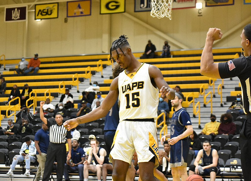 A.J. Stredic of UAPB reacts after making a basket as he was fouled by Ecclesia College in the first half Saturday, Dec. 18, 2021, at H.O. Clemmons Arena. (Pine Bluff Commercial/I.C. Murrell)