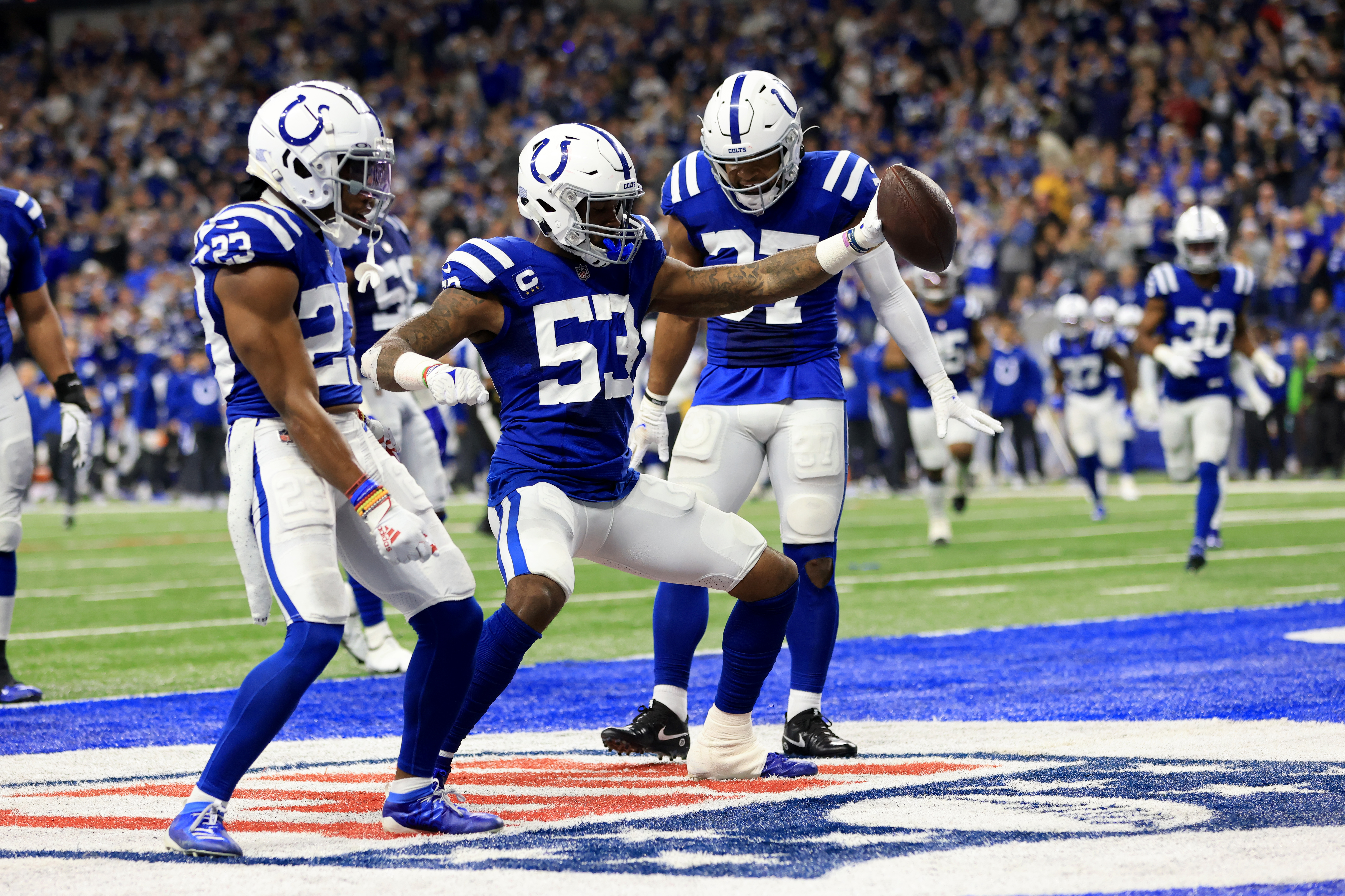 E.J. Speed of the Indianapolis Colts runs during an NFL game