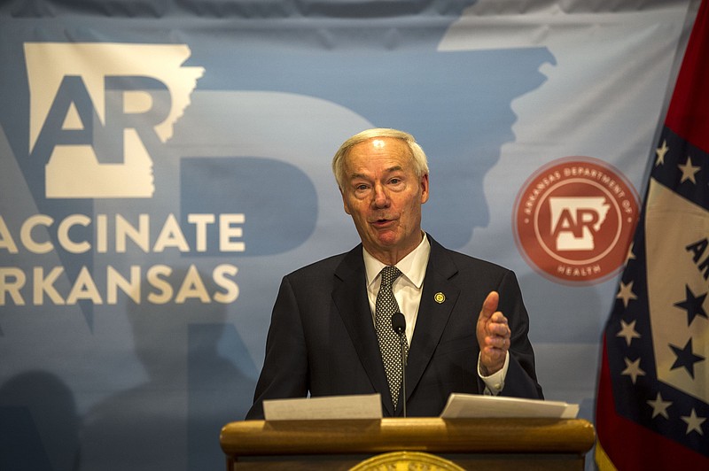 Governor Hutchinson addresses the media during his weekly address on Arkansas' response to COVID-19 on Tuesday, Dec. 21. (Arkansas Democrat-Gazette/Stephen Swofford)