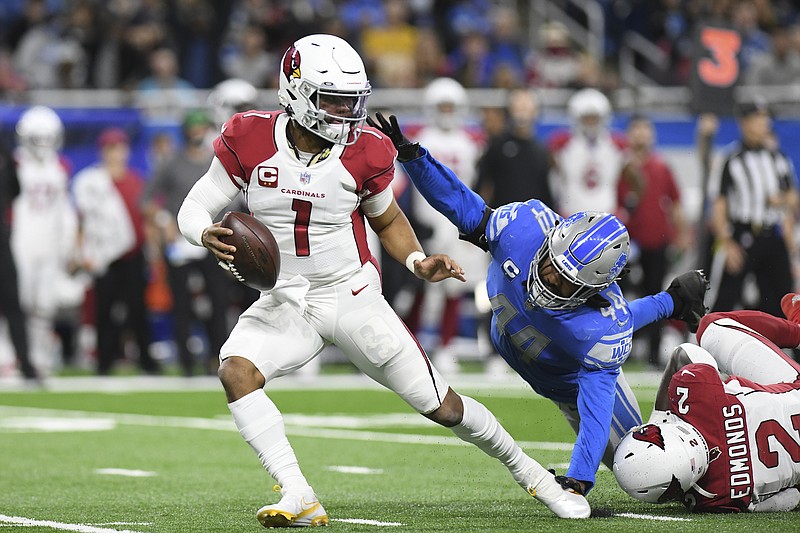 Detroit Lions inside linebacker Jalen Reeves-Maybin (44) pressures Arizona Cardinals quarterback Kyler Murray (1) during the second half of an NFL football game, Sunday, Dec. 19, 2021, in Detroit. (AP Photo/Lon Horwedel)