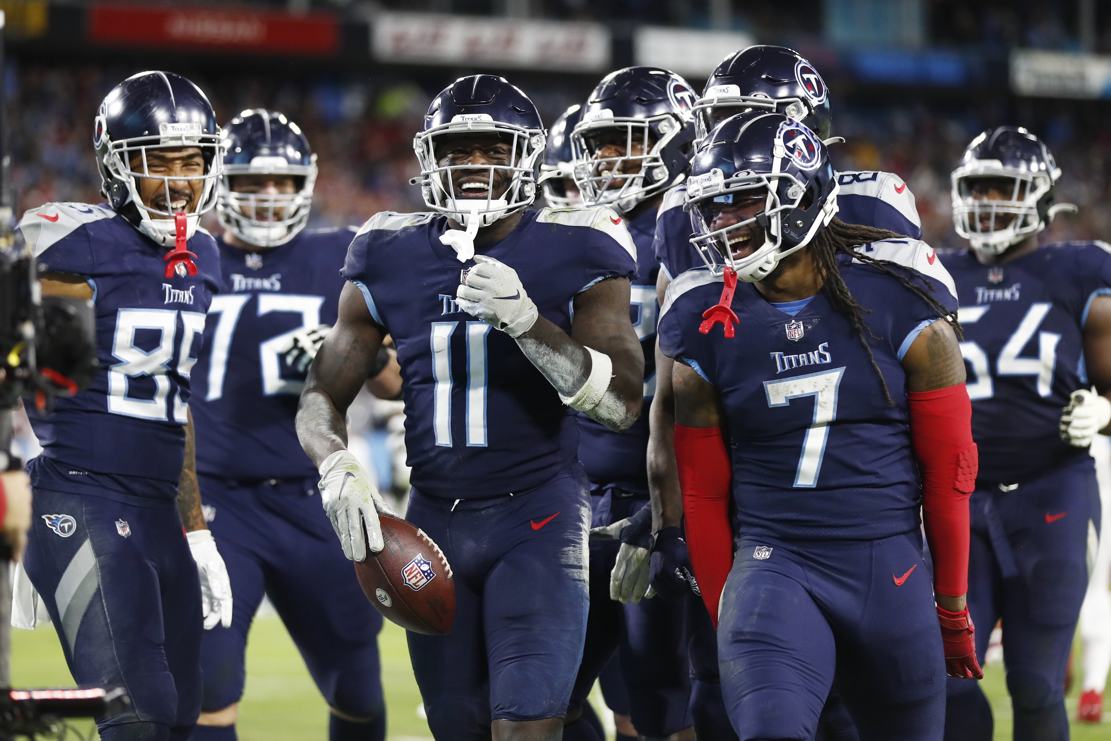 Tennessee Titans wide receiver A.J. Brown (11) leaves the field after an  NFL football game agai …