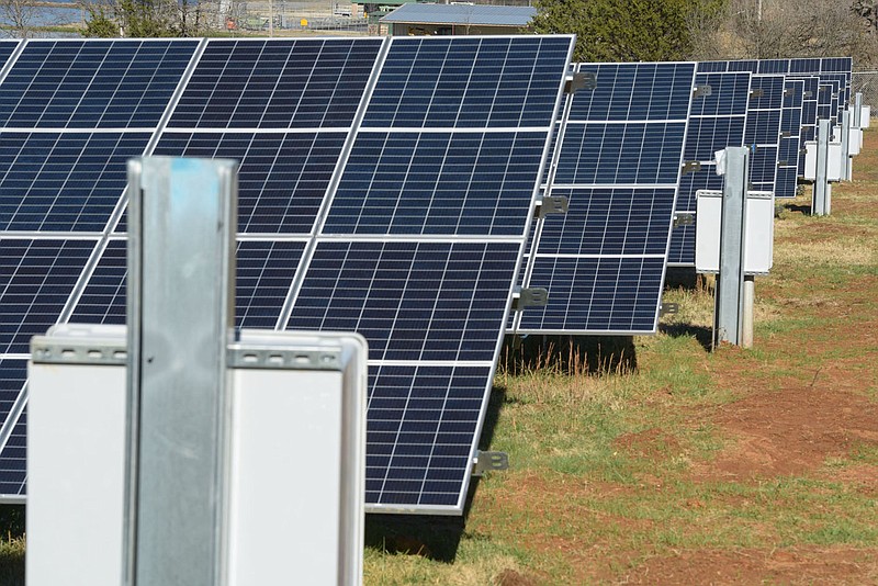 A solar power plant is seen on Wednesday, Dec. 22, 2021, in Greenwood. Built by the Little Rock-based Scenic Hill Solar on land owned by the City of Greenwood, this 750 kW power plant is the first of eventually two such facilities that will supply electricity for city buildings. Visit nwaonline.com/211226Daily/ for today's photo gallery.
(NWA Democrat-Gazette/Hank Layton)