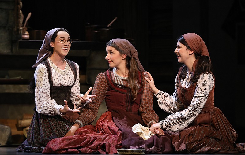 Tevye's three eldest daughters — (played, on an earlier leg of the tour, from left, by Natalie Anne Powers, Mel Weyn and Ruthy Froch) speculate on the type of husbands the matchmaker will find them in "Matchmaker, Matchmaker." The current touring production puts an extra emphasis on just how scary that prospect might end up. (Photo by Joan Marcus)