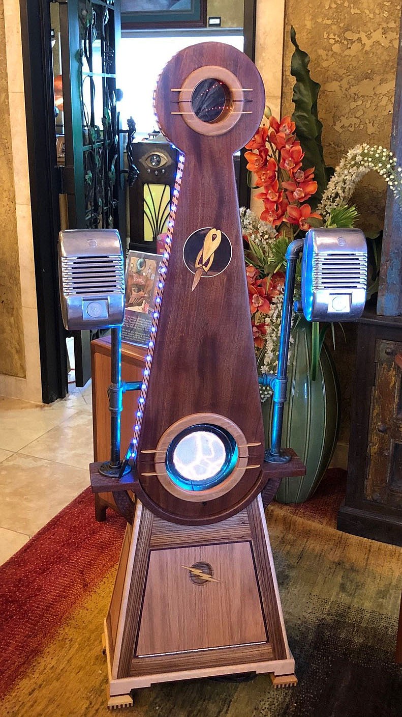 This space-themed Gizmo is a collaboration between Cliff McGaha and artisan woodworker Ron Burcham of Benton. 
(Arkansas Democrat-Gazette/Sean Clancy)