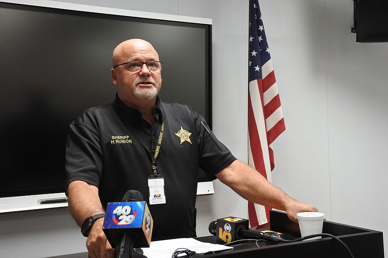 Sebastian County Sheriff Hobe Runion speaks during a news conference at the Sheriff's Office Monday after two inmates escaped from the county jail Friday. 
(NWA Democrat-Gazette/Thomas Saccente)