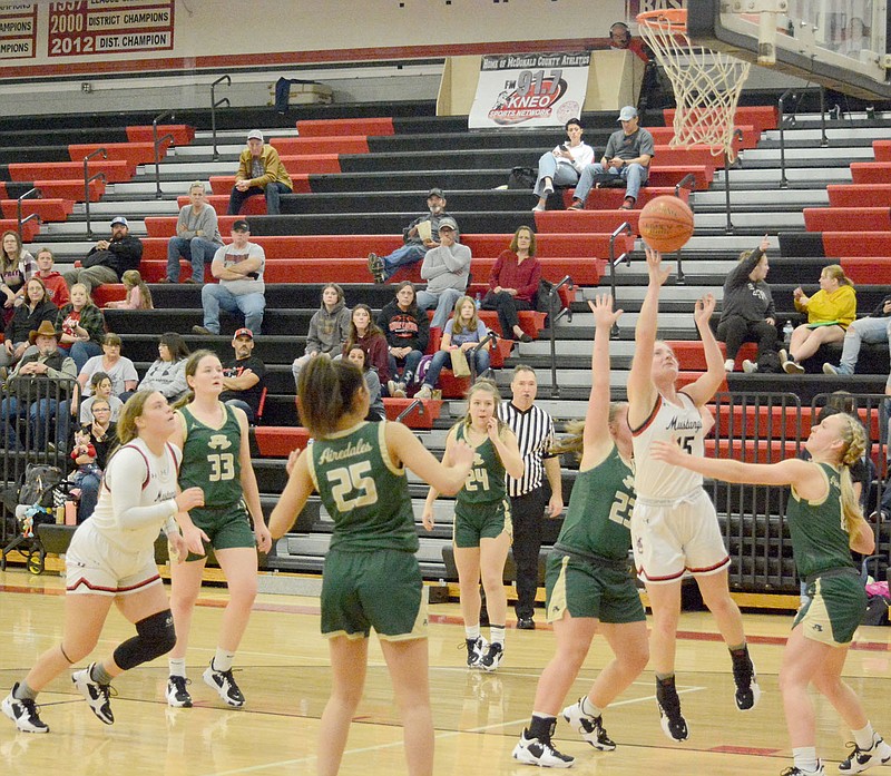 Al Gaspeny/Special to McDonald County Press
McDonald County's Reagan Myrick shoots as teammate Addy Leach (left) watches during a 50-25 loss to Alma in the Lady Mustang Classic on Dec. 14 at Mustang Arena.