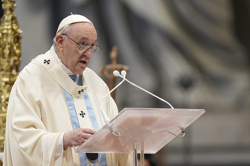 Pope Francis delivers his homely as he celebrates a Mass for the solemnity of St. Mary at the beginning of the new year, in St. Peter's Basilica, at the Vatican, Saturday, Jan. 1, 2022. (AP Photo/Andrew Medichini)