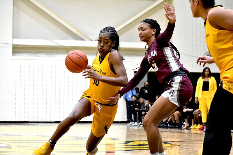 Zaay Green of UAPB drives past Jill Harris of Alabama A&amp;M in the second quarter Monday, Jan. 3, 2022, at H.O. Clemmons Arena. (Pine Bluff Commercial/I.C. Murrell)