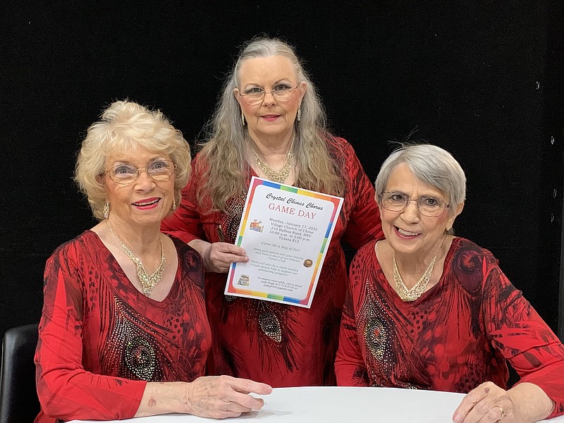 Sandy Corzatt, Judy Pugh and Joy Dressler promote Crystal Chimes Chorus’ Game Day in this undated handout photo. - Submitted photo