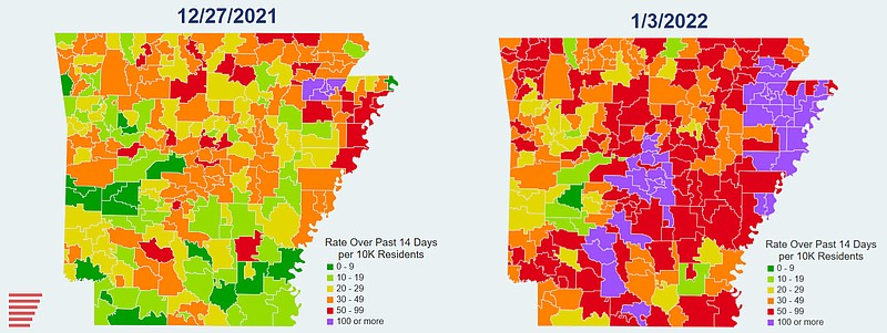 Courtesy of ACHI
These two maps show the increase in Covid-19 infection rates in Arkansas school districts.