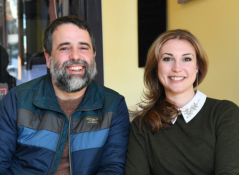 Sonny Kay, left, director of Low Key Arts and Jen Gerber, film program director, discuss Arkansas Shorts recently. - Photo by Tanner Newton of The Sentinel-Record