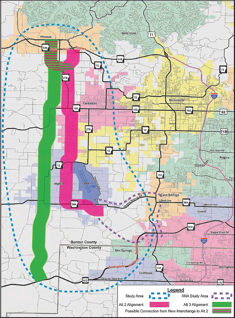 This map, from an Arkansas Department of Transportation presentation in August, shows two potential alignments developed for a north-south road to connect the Bella Vista Bypass and the Springdale Northern Bypass or U.S. 412. The study started in the summer of 2019 to determine if a highway is needed, to identify feasible alternative routes and to develop cost estimates. The study has been put on hold indefinitely, according to the highway department.