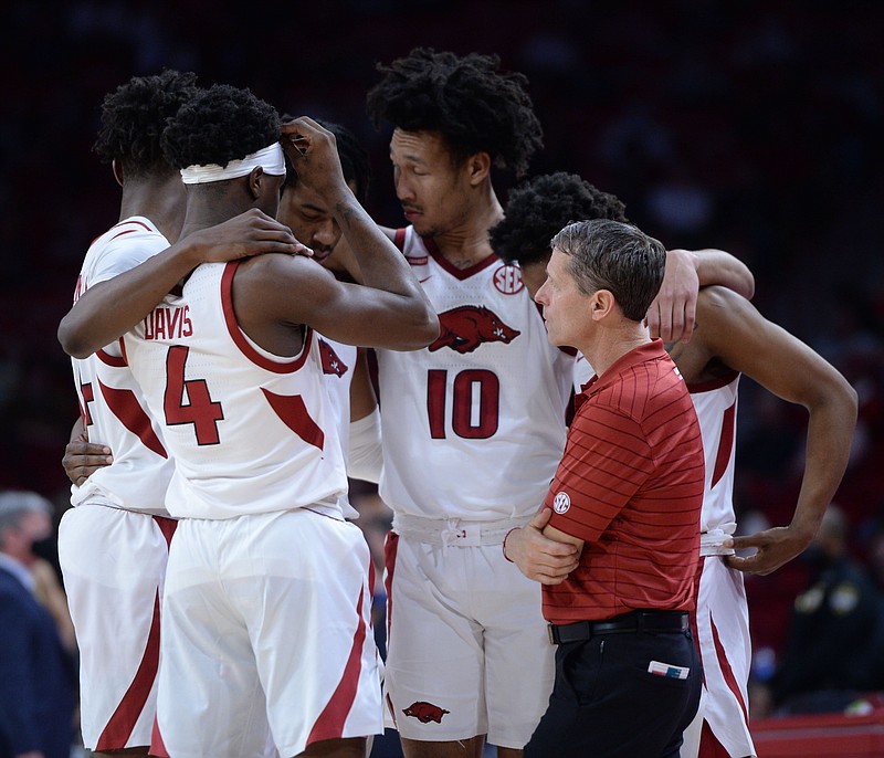 Arkansas coach Eric Musselman speaks to his team during the second half of the Razorbacks' 75-74 loss to Vanderbilt on Jan. 4 in Bud Walton Arena in Fayetteville. - Photo by Andy Shupe of NWA Democrat-Gazette