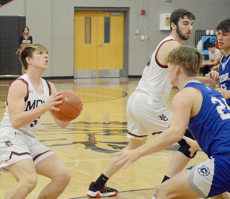 GRAHAM THOMAS/MCDONALD COUNTY PRESS
McDonald County junior Cross Dowd prepares to take a shot as Carthage's Tyler Willis guards during last Thursday's game at McDonald County High School.