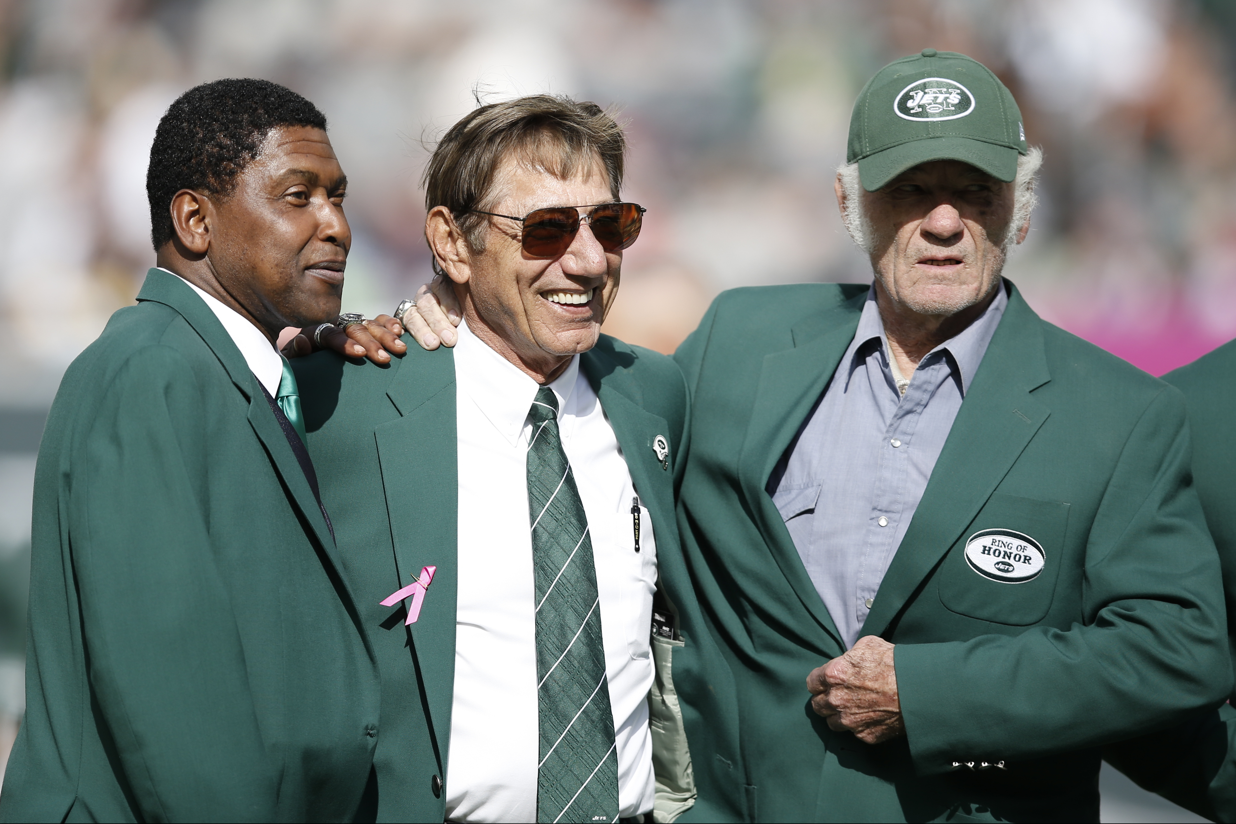 Former New York Jets Joe Namath, left, and Don Maynard, center, attend the  New York Jets Super Bowl III 50th anniversary dinner at MetLife Stadium on  Saturday, Oct. 13, 2018, in East