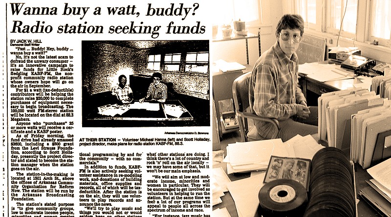 Scott Holladay, station manager of KABF-FM, 88.3, poses Jan. 19, 1984, with a box of records donated by a supporter of the Little Rock community radio station, which had just erected its transmitter on Crystal Mountain. (Democrat-Gazette archives)