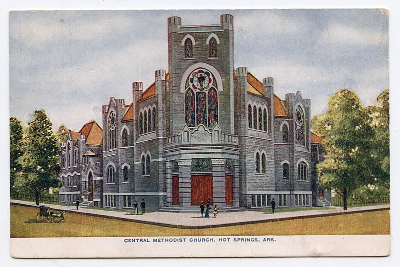 Hot Springs, circa 1910: The handsome stone Central Methodist Church, with its grand stained glass window of the Ascension, was at Central Avenue and Olive Street.