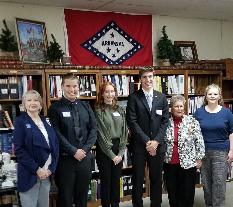 From left are Hot Springs of Arkansas DAR Good Citizen Chair Martha Koon with Ben Capes of Malvern High School, Anna Fletcher of Hot Springs World Class High School, Jace Beckwith of Magnet Cove High School, Chapter Vice Regent Linda Jester, and Chapter Treasurer Karen Scroggins. - Submitted photo