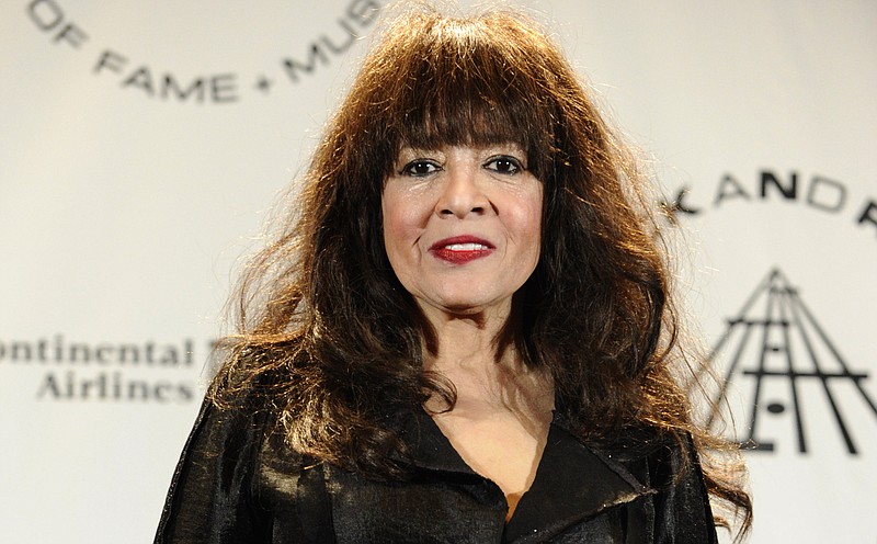 FILE - Ronnie Spector appears in the press room after performing at the Rock and Roll Hall of Fame induction ceremony on March 15, 2010, in New York. Spector, the cat-eyed, bee-hived rock 'n' roll siren who sang such 1960s hits as &quot;Be My Baby,&quot; &quot;Baby I Love You&quot; and &quot;Walking in the Rain&quot; as the leader of the girl group the Ronettes, has died. She was 78. (AP Photo/Peter Kramer, File)