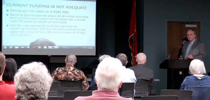 Bob Driggers, leader of the Garland Good Government Group, makes a presentation during Thursday night’s gathering of the GGGG at the Garland County Library. - Photo by Donald Cross of The Sentinel-Record