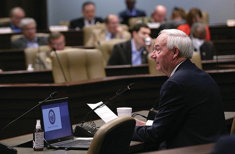 Gov. Asa Hutchinson addresses the Joint Budget Committee on Tuesday, Jan. 11, at the state Capitol in Little Rock. (Arkansas Democrat-Gazette/Thomas Metthe)