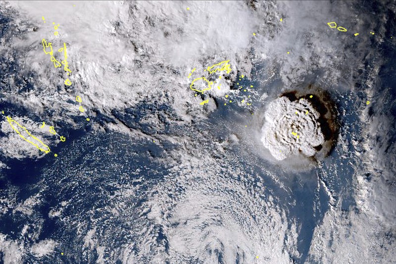 Japan Meteorology Agency via AP
In this satellite image taken by Himawari-8, a Japanese weather satellite, and released by the agency, shows an undersea volcano eruption at the Pacific nation of Tonga on Saturday.