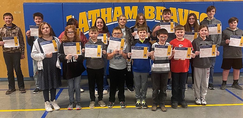 Honor Roll recipients at Latham: (back-row) Gatlin Fulks, Jasper Pnthieux, Kaylee Moser, Grace Higgins, Bella Fulks, Josie Bricker, Grant Pardoe, Addie Dicus, Garret Roush and Kayden Rambo. First-row: Natilee Gunnerson, Jersey Monie, Noah Meloy, Clabe Messerli, Will Dicus, Hunter Thornburg, Creed Colburn and Jorja Dicus. (Submitted photo)