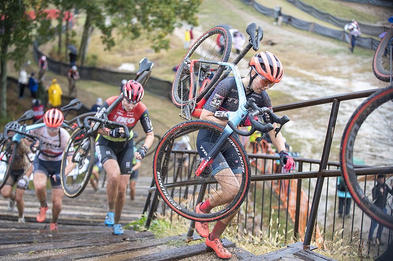 Munro Madigan of Team USA charges up the "The 39 Climb" during the 2021 Cyclo-Cross World Cup in October. The 2022 UCI Cyclo-cross World Championships are set for Jan. 28-30 in Fayetteville, only the second non-European city to host the event in its 72-year history. Louisville, Ky., was the first, in 2013.  (Courtesy of Experience Fayetteville)