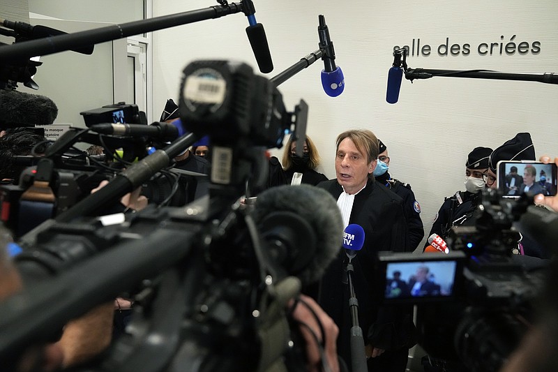 Lawyer of far-right presidential candidate Eric Zemmour, Olivier Pardo, answers media at the Paris courthouse, in Paris, Monday, Jan. 17, 2022. Zemmour, who has two prior hate speech convictions, went on trial in November on charges of &quot;public insult&quot; and &quot;incitement to hatred or violence&quot; against a group of people because of their ethnic, national, racial or religious origin. The prosecutor requested a 10,000-euro (more than $11,000) fine against him. (AP Photo/Francois Mori)