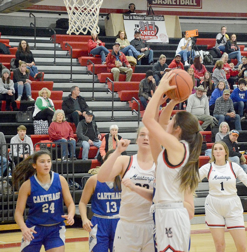 GRAHAM THOMAS/MCDONALD COUNTY PRESS
McDonald County sophomore Anna Clarkson goes up for a shot against Carthage on Jan. 6 at Mustang Arena. Clarkson led the Lady Mustangs with 15 points in a 54-40 win at Monett on Monday night as McDonald County improved to 2-0 in Big 8 Conference play.