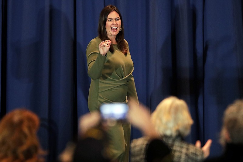 FILE - Former White House Press Secretary Sarah Huckabee Sanders makes a surprise appearance during a &quot;Make America Great Again&quot; rally with Ivanka Trump on Sunday, Nov. 1, 2020, at Stoney Creek Hotel and Conference Center in Rothschild, Wis. On Tuesday, Jan. 18, 2022, Sanders&#x2019; campaign said they raised $1.6 million in the final three months of last year in her bid for Arkansas governor. (Tork Mason/The Post-Crescent via AP, File)