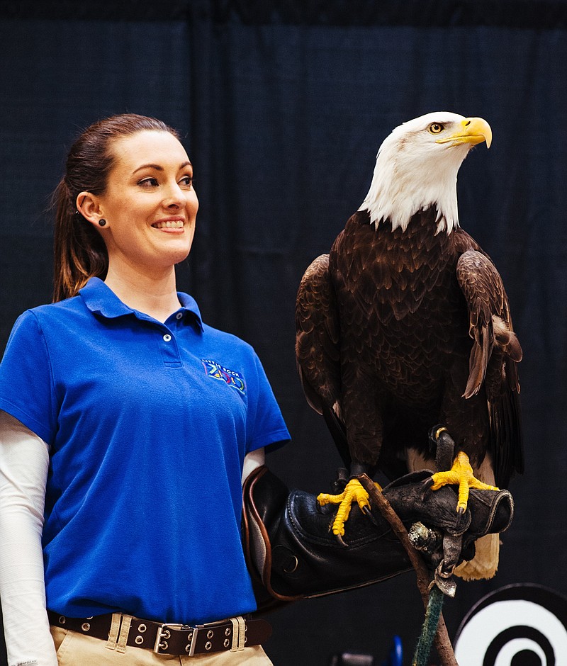 Hannah Baker of the Little Rock Zoo shows off Lynn the bald eagle. Photo is courtesy of Michelle Edmonds. - Submitted photo