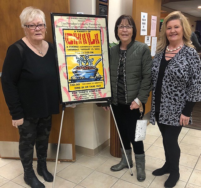 From left are Ways and Means Chair Beverly Goodridge, Garland County Humane Society board member Ivy Wood and Hot Springs Emblem Club No. 194 President Ginger Yates. - Submitted photo