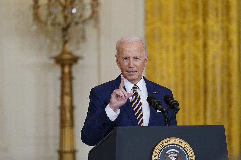 President Joe Biden speaks during a news conference in the East Room of the White House in Washington, Wednesday, Jan. 19, 2022. Biden ends his first year in the White House with a clear majority of Americans for the first time disapproving of his handling of the presidency in the face of an unrelenting pandemic and roaring inflation. That's according to a new poll from The Associated Press-NORC Center for Public Affairs Research. (AP Photo/Susan Walsh)