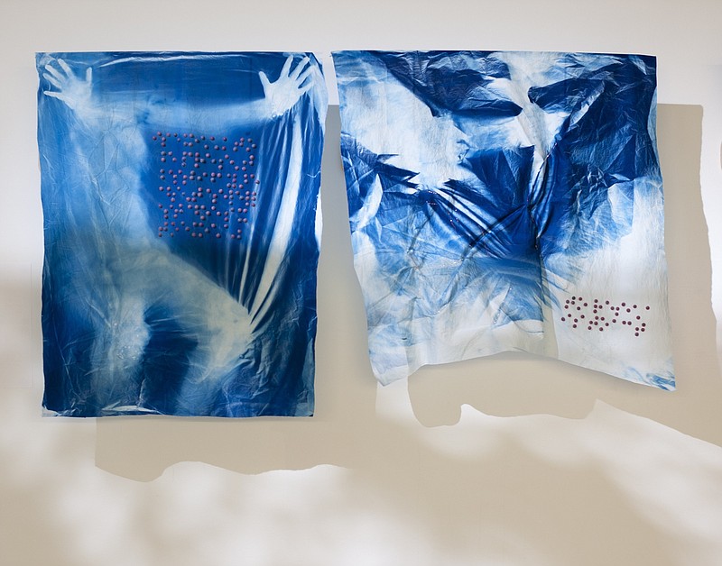 “Existence” (from left), cyanotype on fabric with copper wire and hand applied wax, 2020; “As an Act of Resistance,” cyanotype on fabric with copper wire and hand applied wax, 2020, by Little Rock artist Trinity Kai are part of the exhibit “Shifting in Time” at the Focus Gallery, Windgate Center of Art + Design University of Arkansas Little Rock. (Special to the Democrat-Gazette/Trinity Kai)