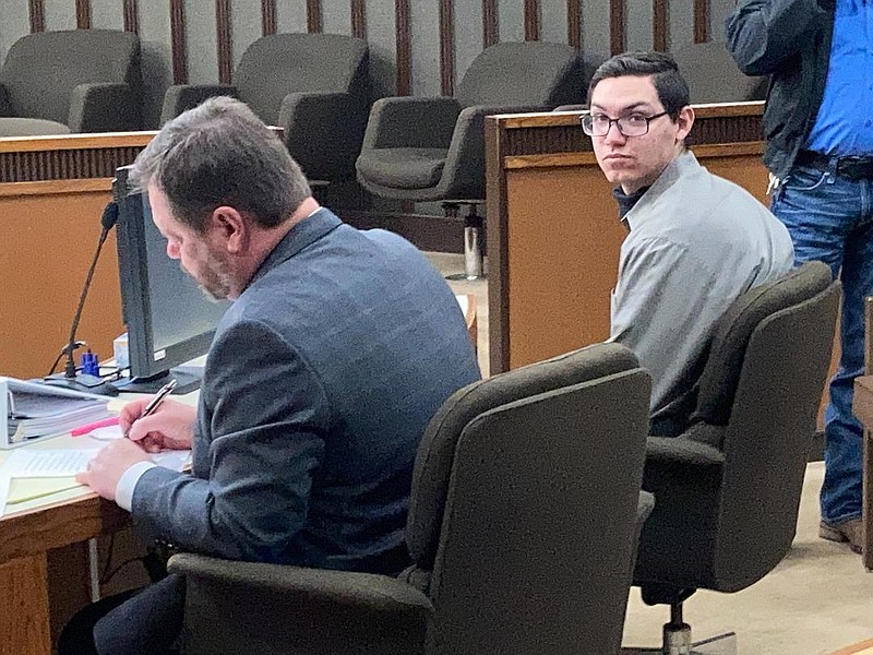 Zachary Salazar, right, sits at the defense table with his lawyer, Jeff Harrelson, shortly before the jury returned to the courtroom to hear closing arguments in his capital murder trial. Salazar was sentenced by 202nd District Judge John Tidwell to life without parole after the Bowie County jury found him guilty of two counts of capital murder in the deaths of James Crowley, 3, and Riley Burgess, 7. (Staff photo by Lynn LaRowe)