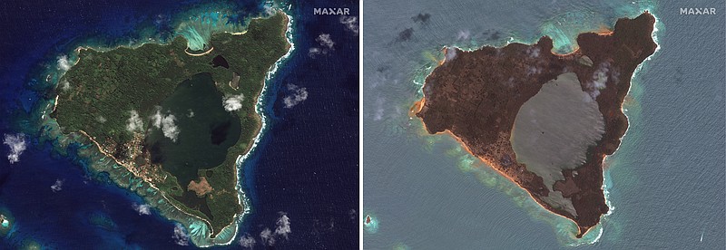 This combination of this satellite images provided by Maxar Technologies shows an overview of Nomuka in the Tonga island group on Aug. 17, 2020, left, and Jan. 20, 2022, right, showing the damage after the Jan. 15 eruption. (Satellite image &#xa9;2022 Maxar Technologies via AP)