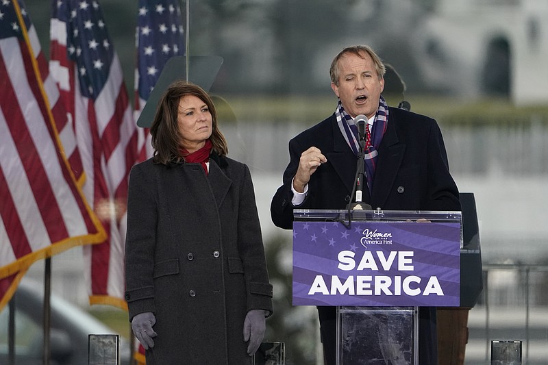 FILE - Texas Attorney General Ken Paxton speaks at a rally in support of President Donald Trump called the &quot;Save America Rally&quot; in Washington on Jan. 6, 2021. A district attorney says Paxton violated the state's open records laws by withholding or failing to retain his communications relating to his appearance at a pro-Trump rally that preceded the deadly riot at the U.S. Capitol last year.&#xa0;(AP Photo/Jacquelyn Martin, File)