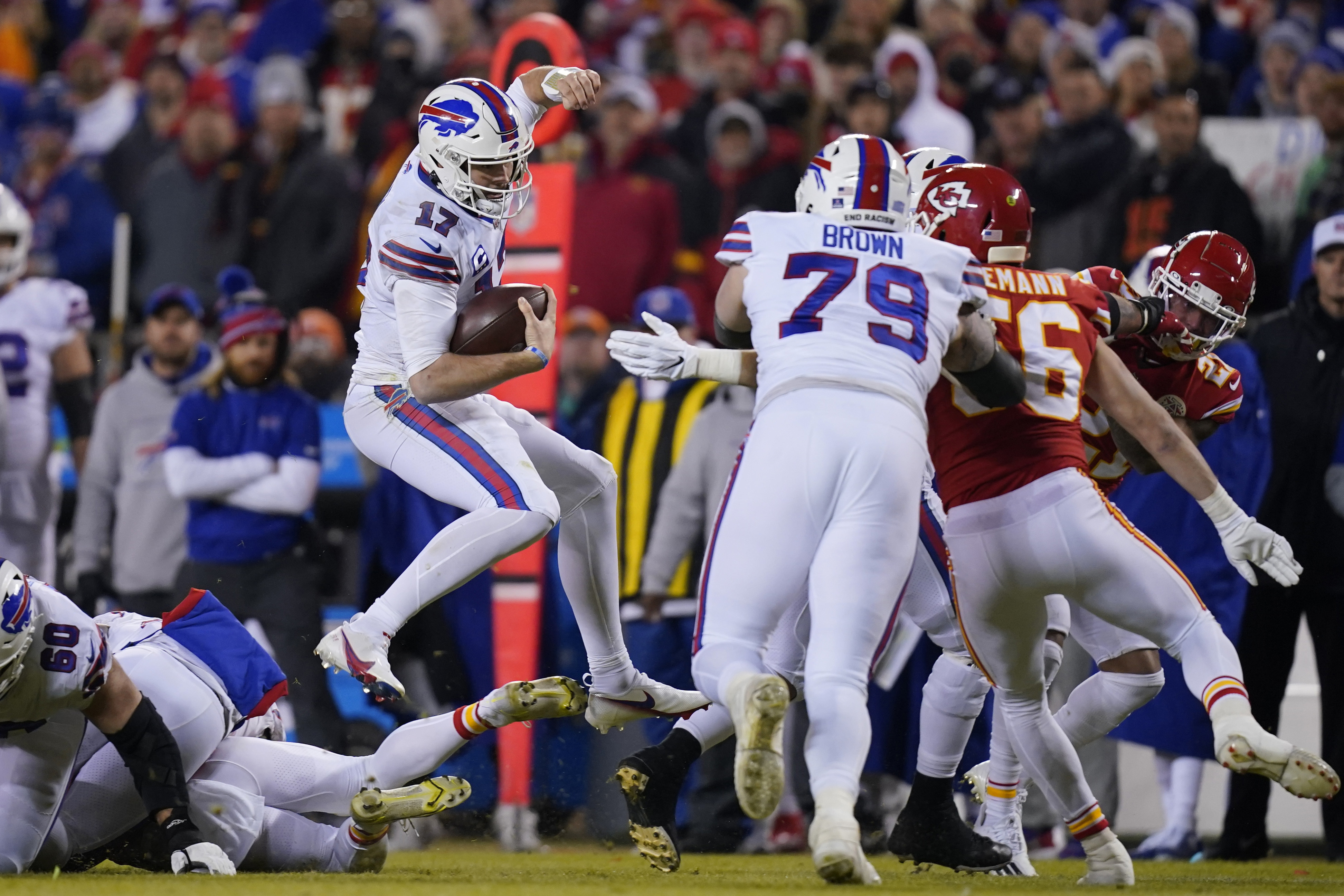 KANSAS CITY, MO - OCTOBER 16: Buffalo Bills quarterback Josh Allen (17)  points out the defense in the first quarter of an NFL game between the Buffalo  Bills and Kansas City Chiefs