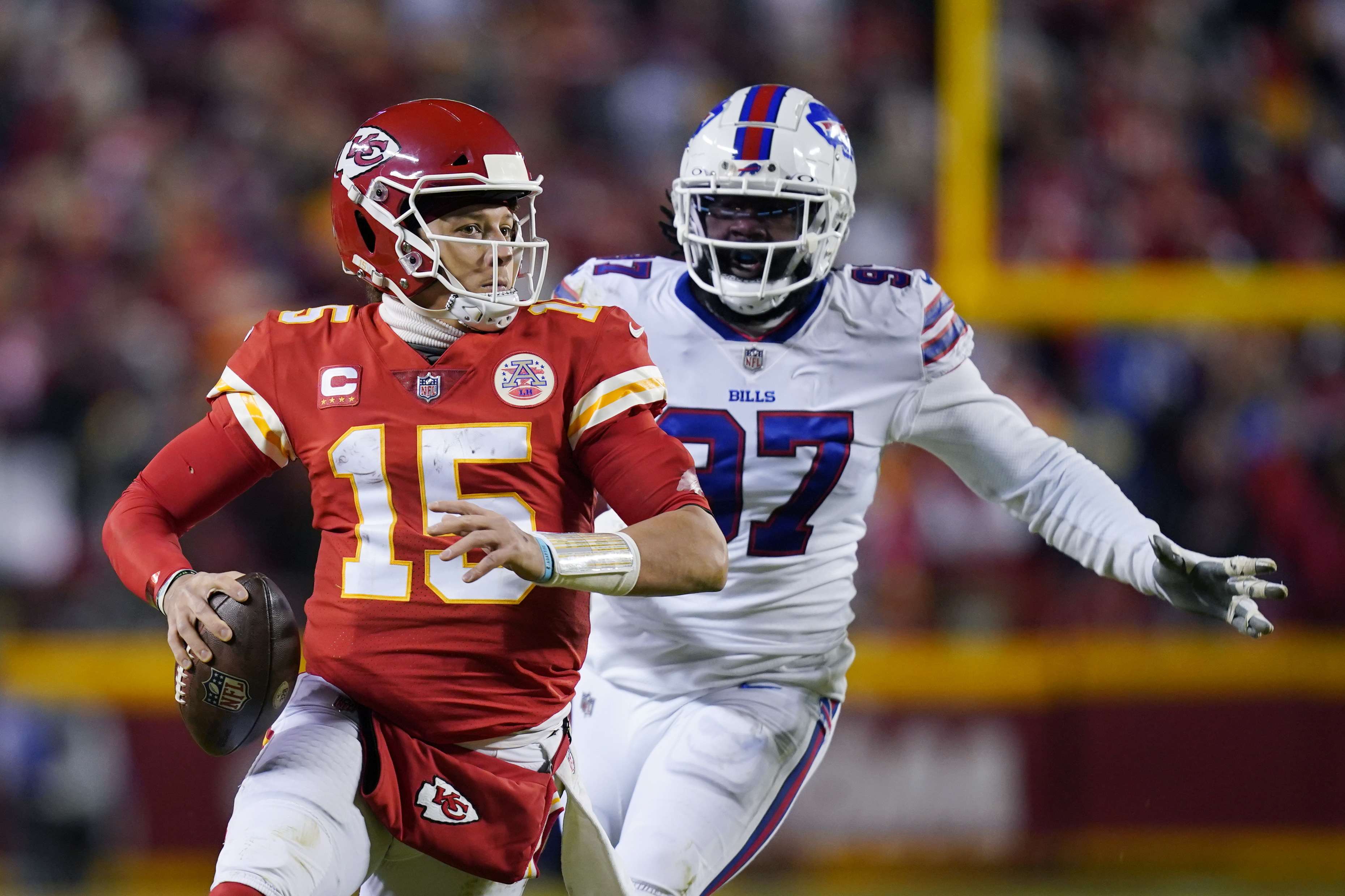 Buffalo Bills quarterback Josh Allen throws a pass during the first half of  the AFC championship NFL football game against the Kansas City Chiefs,  Sunday, Jan. 24, 2021, in Kansas City, Mo. (