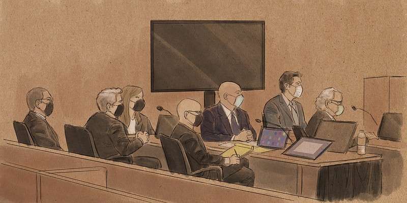In this courtroom sketch, from left, former Minneapolis police Officer Tou Thou, attorney Robert Paule, attorney Natalie Paule, attorney Tom Punkett, former Minneapolis police Officer J. Alexander Keung, Minneapolis police Officer Thomas Land and attorney Earl Grey appear for opening statements for their trial in the killing of George Floyd in federal court on Monday, Jan. 24, 2022, in St. Paul, Minn. Floyd died May 25, 2020, after Officer Derek Chauvin pressed his knee against his neck as Floyd, who was handcuffed, said he couldn't breathe. (Cedric Hohnstadt via AP)