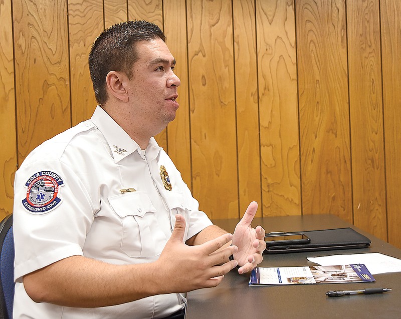 Eric Hoy, director of Cole County EMS, asks questions in October 2021 during a presentation by sales staff from American Response Vehicles, of Columbia. (Julie Smith/News Tribune photo)
