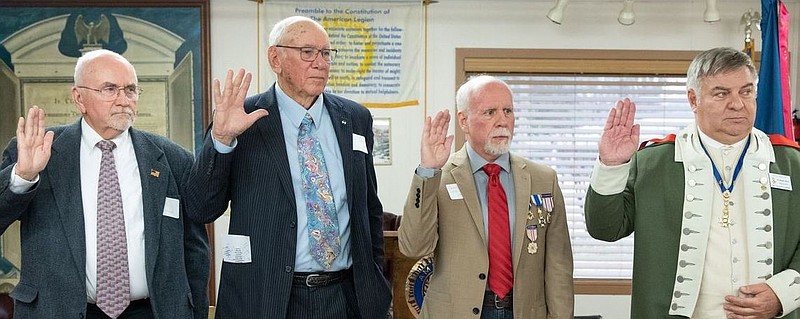 Being installed as officers of a Sons of the American Revolution chapter in Atlanta are, from left, Richard Blackwood of Atlanta, secretary; Clarence Burns of Linden, president; Dennis Beckham of Atlanta, registrar. At right, Bill Sekel of Athens, Texas, is chancellor of the local chapter. (Submitted photo)