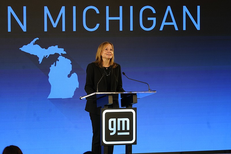 Mary Barra, General Motors CEO, speaks during a news conference in Lansing, Mich., Tuesday, Jan. 25, 2022. General Motors is making the largest investment in company history in its home state of Michigan, announcing plans to spend nearly $7 billion to convert a factory to make electric pickup trucks and to build a new battery cell plant. (AP Photo/Paul Sancya)