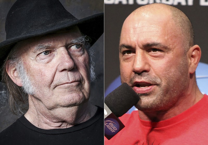 This combination photo shows Neil Young in Calabasas, Calif., on May 18, 2016, left, and UFC announcer and podcaster Joe Rogan before a UFC on FOX 5 event in Seattle on Dec. 7, 2012. Young fired off a public missive to his management on Monday, Jan. 24, 2022, demanding that they remove his music from the popular streaming service Spotify in protest over Rogan's popular podcast spreading misinformation about COVID-19. But by Tuesday afternoon, his letter had been removed from his website, &quot;Heart of Gold&quot; and other hits were still streaming. (AP Photo)