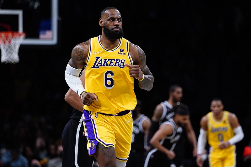 Los Angeles Lakers' LeBron James (6) reacts during the second half of an NBA game against the Brooklyn Nets Tuesday in New York. The Lakers won 106-96. – Photo by Frank Franklin II of The Associated Press