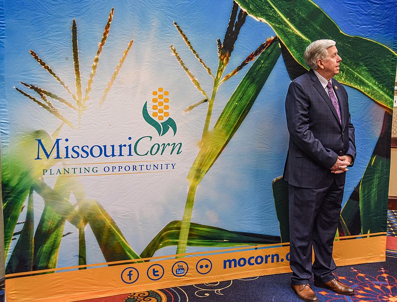 Julie Smith/For the FULTON SUN
Gov. Mike Parson waits to be introduced Wednesday at the Missouri Corn Growers Association annual meeting at Capitol Plaza Hotel in Jefferson City. Missouri Department of Agriculture Director Chris Chinn spoke briefly, followed by Parson’s appearance.