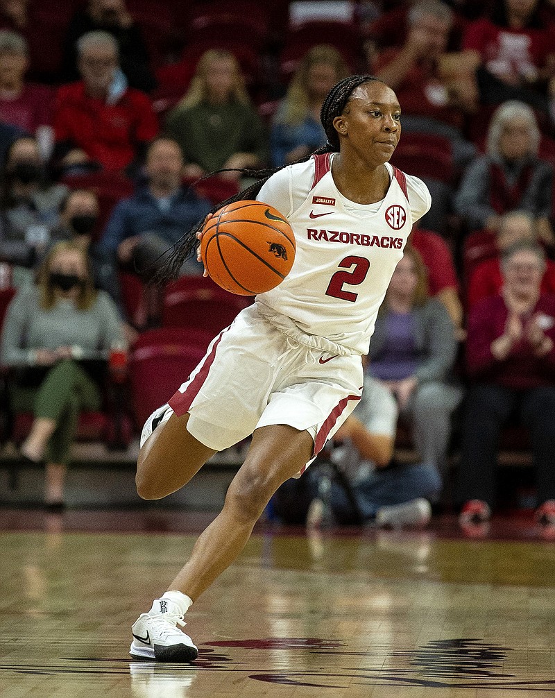 Arkansas freshman Samara Spencer (2) brings the ball up the court during the first half of a Nov. 22, 2021, game at Bud Walton Arena in Fayetteville. - Photo by David Beach, Special to the NWA Democrat-Gazette